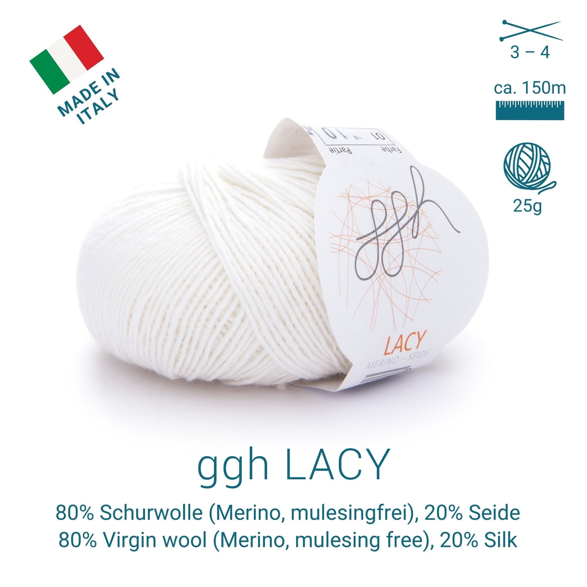 ggh Lacy | Merinowolle mit Seide | 25g - 170m | 001 - Wollweiß - Handarbeiten - 3