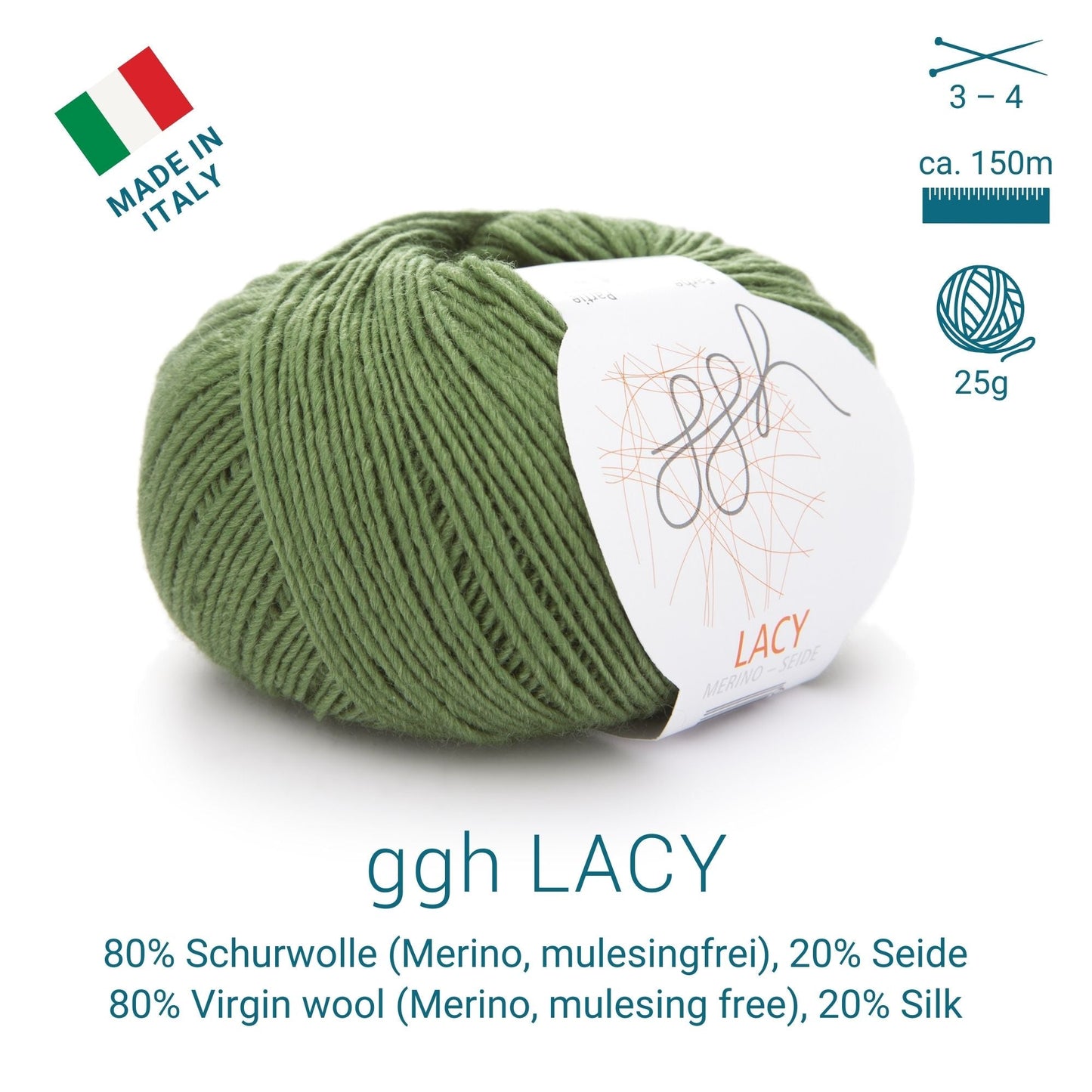 GGH Lacy | Merinowolle mit Seide | 25g - 170m | 007 - Olivgrün - Handarbeiten - 3