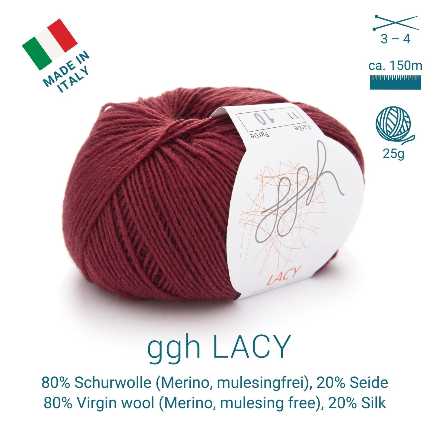 GGH Lacy | Merinowolle mit Seide | 25g - 170m | 011 - Kardinalrot - Handarbeiten - 3