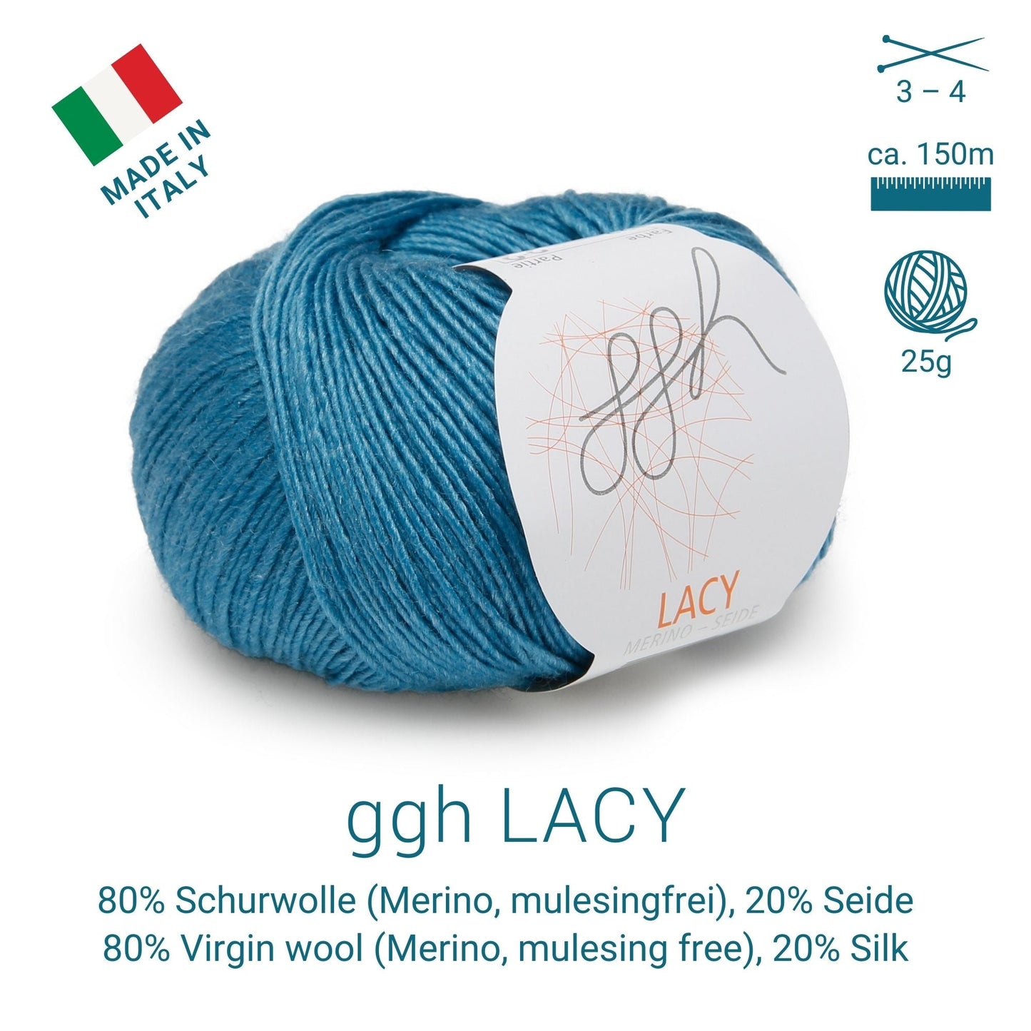 GGH Lacy | Merinowolle mit Seide | 25g - 170m | 022 - Türkis - Handarbeiten - 3