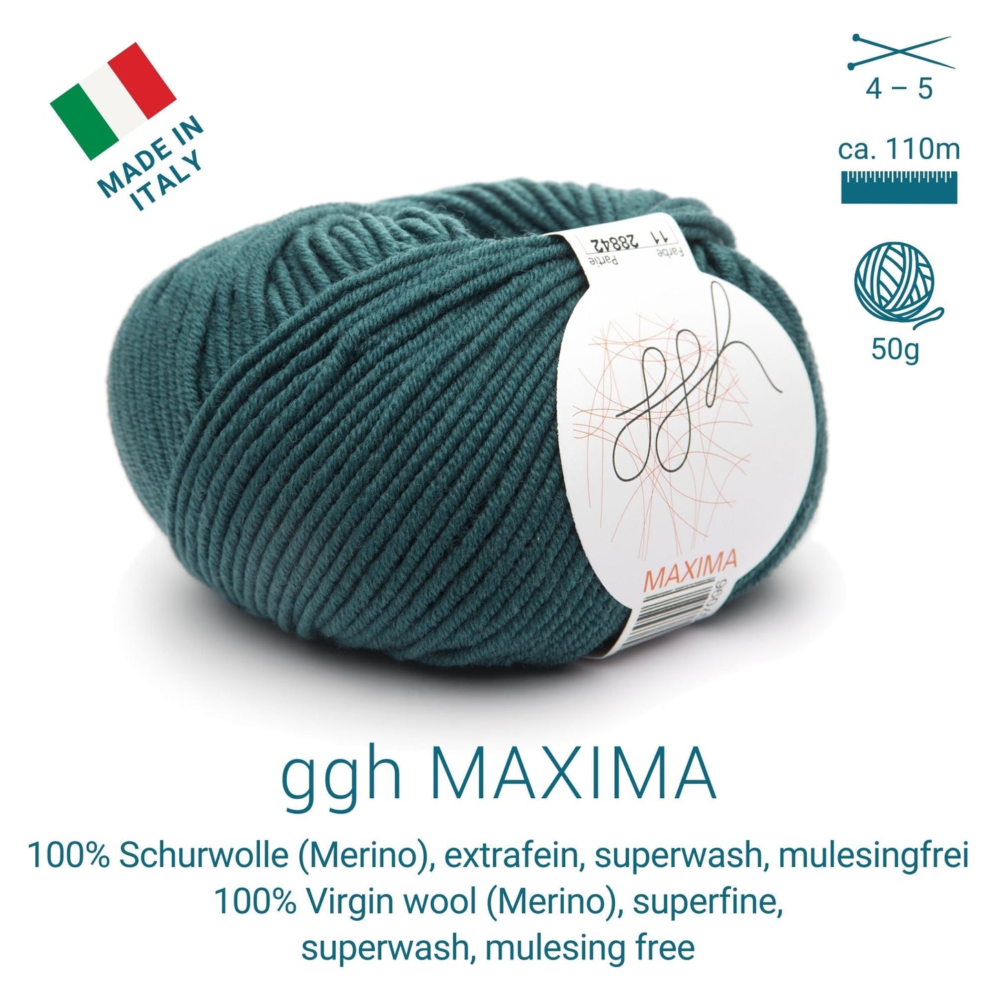ggh Maxima | Merinowolle | 110m/50g | 011 - Tiefes Blaugrün - Handarbeiten - 1