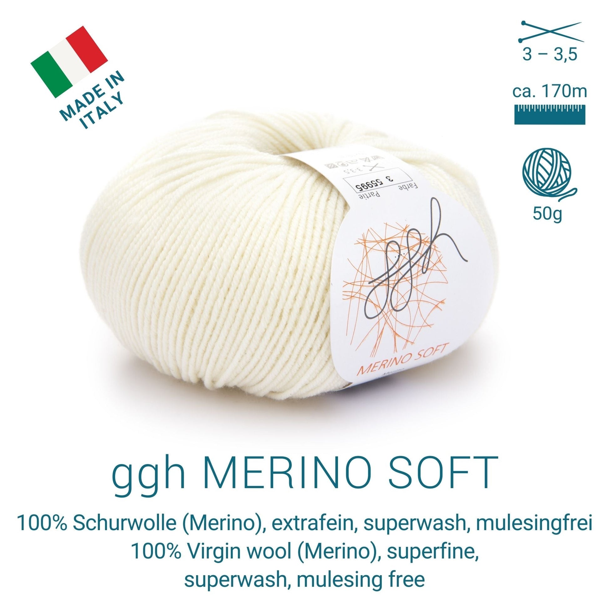 ggh Merino Soft | Merinowolle | 170m/50g | 003 - Wollweiß - Handarbeiten - 2